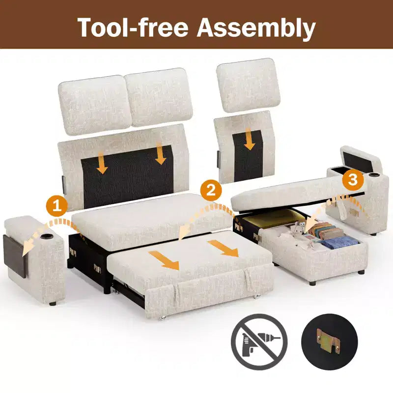 Divani Sezionali Modulari Dyonery Chenille per Soggiorno, Divano Comodo con Contenitore nel Bracciolo, Divano Letto Estraibile con Portabicchieri, Montaggio senza Attrezzi