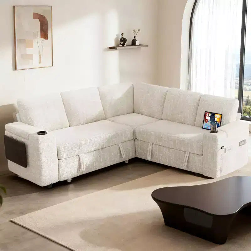 Divani Sezionali Modulari Dyonery Chenille per Soggiorno, Divano Comodo con Contenitore nel Bracciolo, Divano Letto Estraibile con Portabicchieri, Montaggio senza Attrezzi