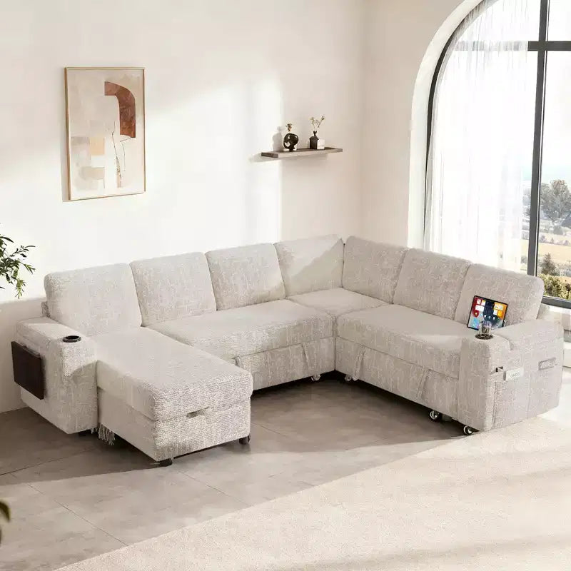Divani Sezionali Modulari Dyonery Chenille per Soggiorno, Divano Comodo con Contenitore nel Bracciolo, Divano Letto Estraibile con Portabicchieri, Montaggio senza Attrezzi