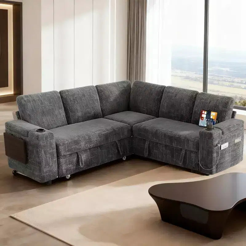 Divani Sezionali Modulari Dyonery Chenille per Soggiorno, Divano Comodo con Contenitore nel Bracciolo, Divano Letto Estraibile con Portabicchieri, Montaggio senza Attrezzi