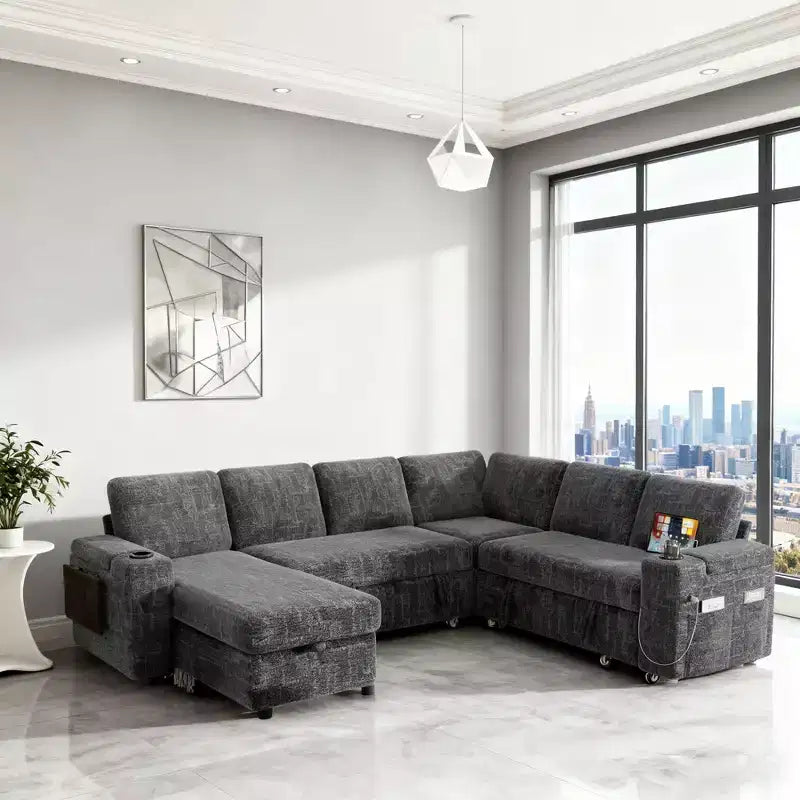 Divani Sezionali Modulari Dyonery Chenille per Soggiorno, Divano Comodo con Contenitore nel Bracciolo, Divano Letto Estraibile con Portabicchieri, Montaggio senza Attrezzi