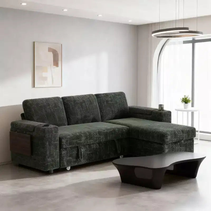 Divani Sezionali Modulari Dyonery Chenille per Soggiorno, Divano Comodo con Contenitore nel Bracciolo, Divano Letto Estraibile con Portabicchieri, Montaggio senza Attrezzi