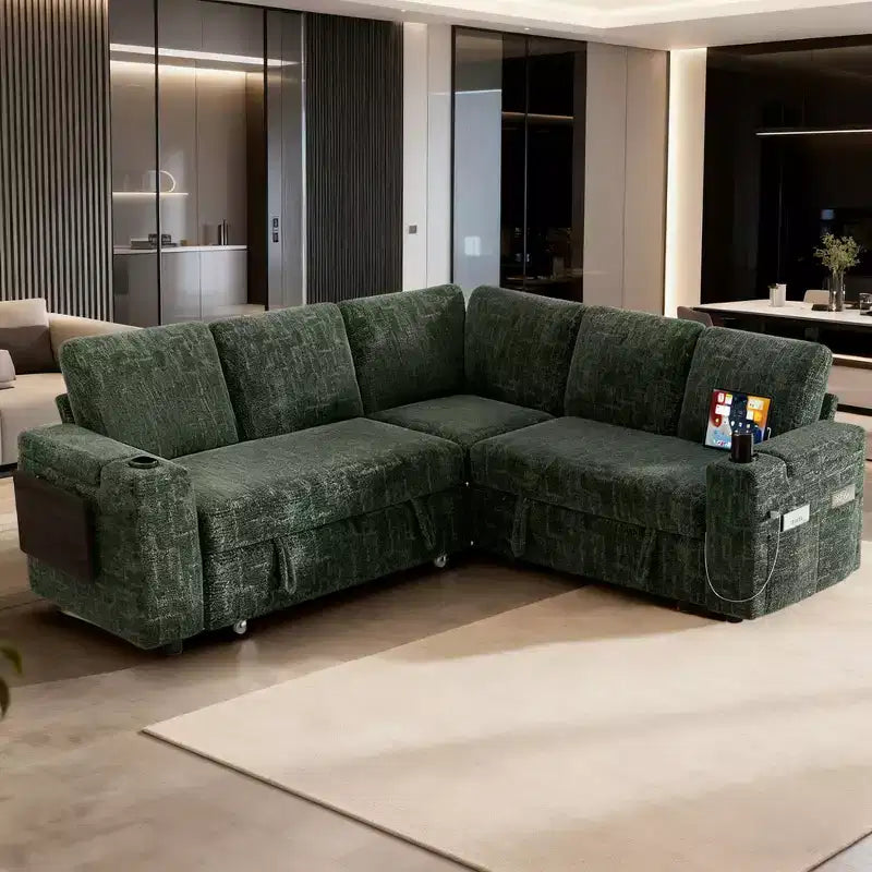 Divani Sezionali Modulari Dyonery Chenille per Soggiorno, Divano Comodo con Contenitore nel Bracciolo, Divano Letto Estraibile con Portabicchieri, Montaggio senza Attrezzi