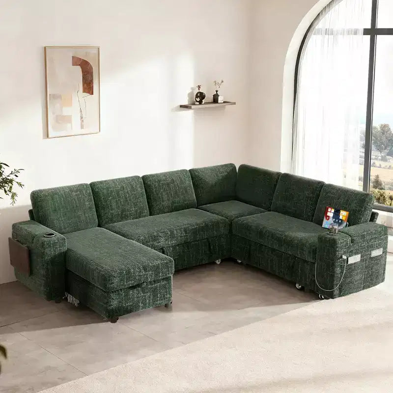 Divani Sezionali Modulari Dyonery Chenille per Soggiorno, Divano Comodo con Contenitore nel Bracciolo, Divano Letto Estraibile con Portabicchieri, Montaggio senza Attrezzi