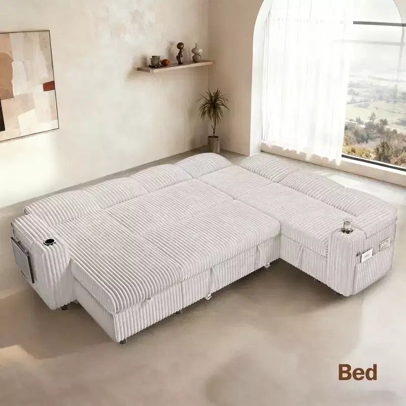 Divani Sezionali Modulari Dyonery Chenille per Soggiorno, Divano Comodo con Contenitore nel Bracciolo, Divano Letto Estraibile con Portabicchieri, Montaggio senza Attrezzi