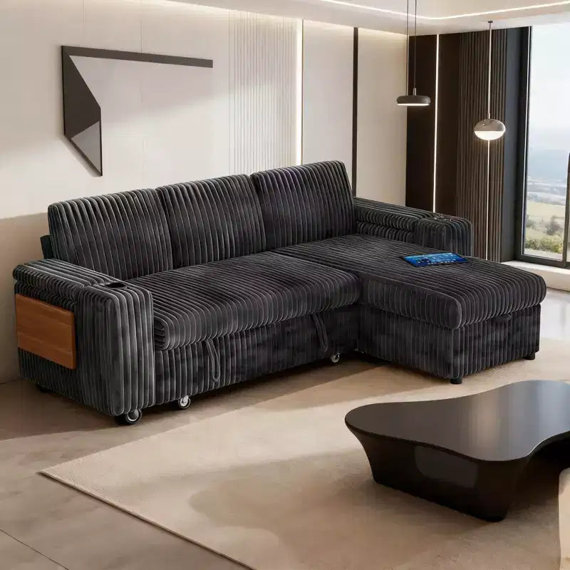 Divani Sezionali Modulari Dyonery Chenille per Soggiorno, Divano Comodo con Contenitore nel Bracciolo, Divano Letto Estraibile con Portabicchieri, Montaggio senza Attrezzi