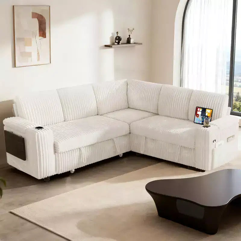 Divani Sezionali Modulari Dyonery Chenille per Soggiorno, Divano Comodo con Contenitore nel Bracciolo, Divano Letto Estraibile con Portabicchieri, Montaggio senza Attrezzi
