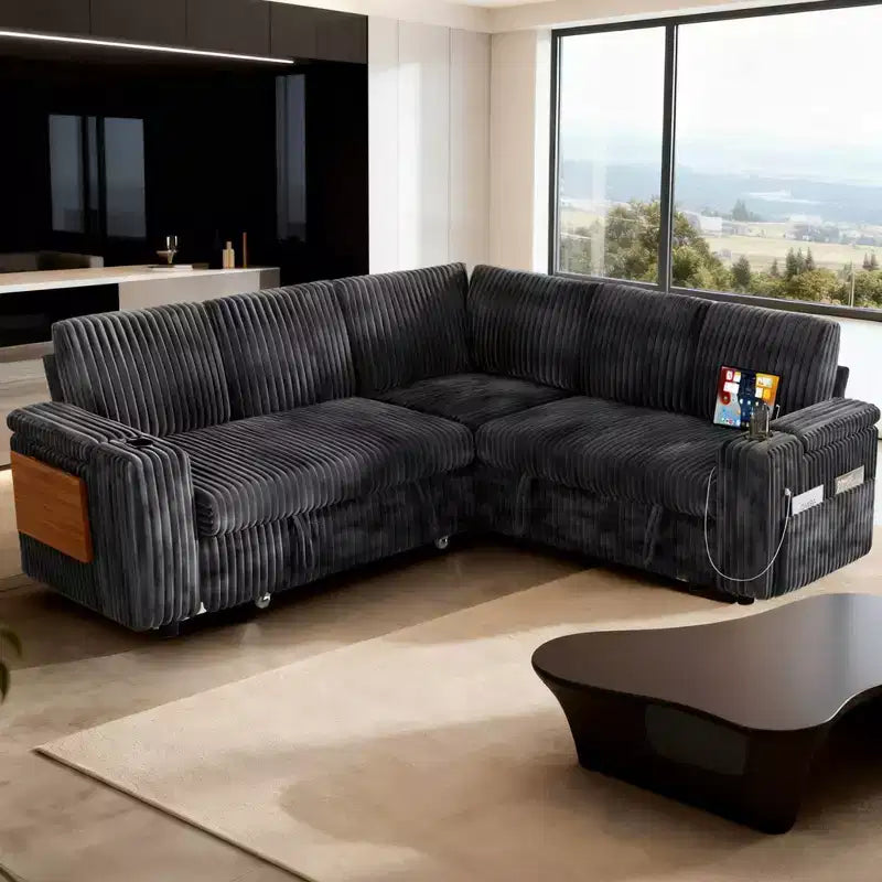 Divani Sezionali Modulari Dyonery Chenille per Soggiorno, Divano Comodo con Contenitore nel Bracciolo, Divano Letto Estraibile con Portabicchieri, Montaggio senza Attrezzi