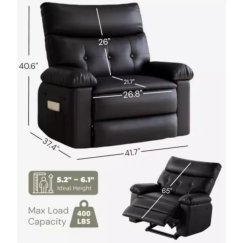 Poltrona reclinabile manuale oversize, poltrona relax grande in pelle PU per adulti con imbottitura in spugna 1,5X, funzioni di riscaldamento e massaggio - Nera