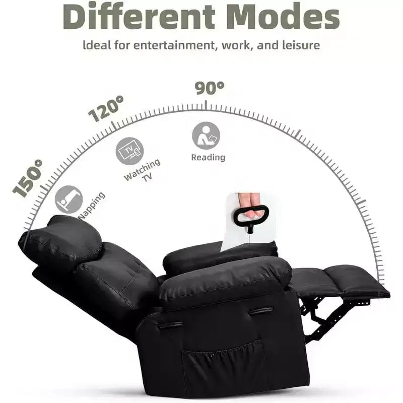 Poltrona reclinabile manuale oversize, poltrona relax grande in pelle PU per adulti con imbottitura in spugna 1,5X, funzioni di riscaldamento e massaggio - Nera