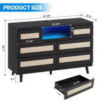 Cassettiera in Rattan a 6 Cassetti con LED RGB, Prese di Corrente e Porte USB, Larghezza 120 cm, Opzione Mobile TV