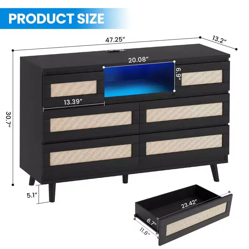 Cassettiera in Rattan a 6 Cassetti con LED RGB, Prese di Corrente e Porte USB, Larghezza 120 cm, Opzione Mobile TV