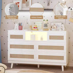 Cassettiera in Rattan a 6 Cassetti con LED RGB, Prese di Corrente e Porte USB, Larghezza 120 cm, Opzione Mobile TV