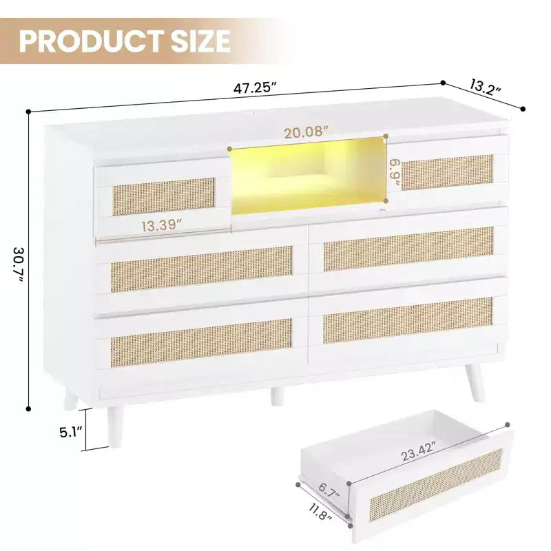 Cassettiera in Rattan a 6 Cassetti con LED RGB, Prese di Corrente e Porte USB, Larghezza 120 cm, Opzione Mobile TV