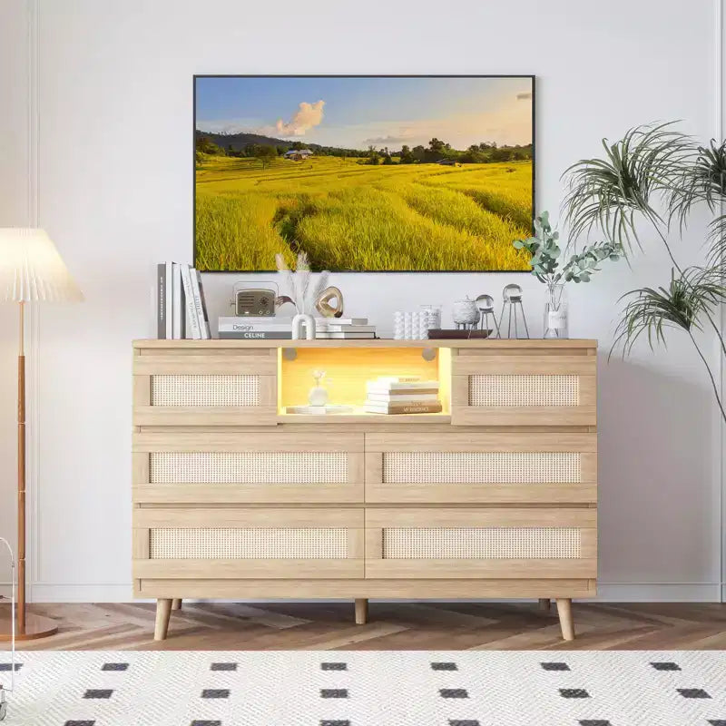 Cassettiera in Rattan a 6 Cassetti con LED RGB, Prese di Corrente e Porte USB, Larghezza 120 cm, Opzione Mobile TV