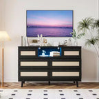 Cassettiera in Rattan a 6 Cassetti con LED RGB, Prese di Corrente e Porte USB, Larghezza 120 cm, Opzione Mobile TV