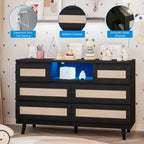 Cassettiera in Rattan a 6 Cassetti con LED RGB, Prese di Corrente e Porte USB, Larghezza 120 cm, Opzione Mobile TV