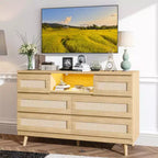 Rattan 6 Drawer Dresser for Bedroom, Modern Wooden Dresser Bedroom with Power Outlets, 47 Wide Rattan Chest of Drawers with LED Light, TV Stand