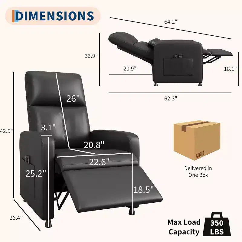 Poltrona reclinabile elettrica ergonomica – Funzioni massaggio e riscaldamento, reclinabile elettrica regolabile, poltrona singola in pelle PU imbottita (uso salotto)