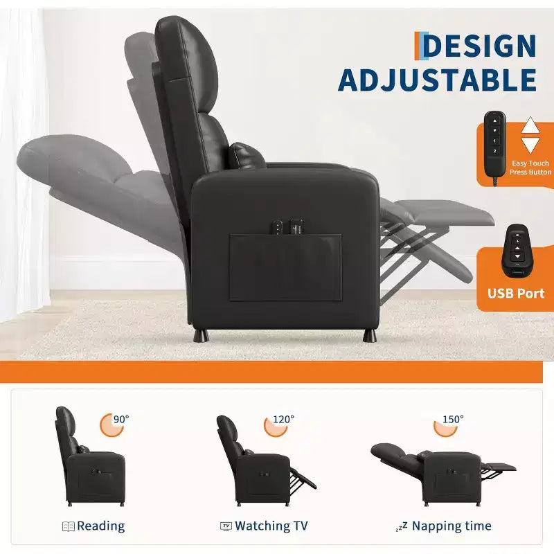 Poltrona reclinabile elettrica ergonomica – Funzioni massaggio e riscaldamento, reclinabile elettrica regolabile, poltrona singola in pelle PU imbottita (uso salotto)