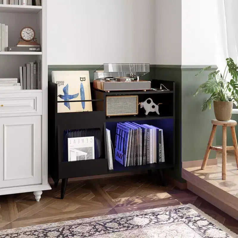 Mobile Porta Giradischi Grande, Mobile Contenitore per Vinili per Oltre 350 Album, LED RGB, Prese di Corrente Integrate
