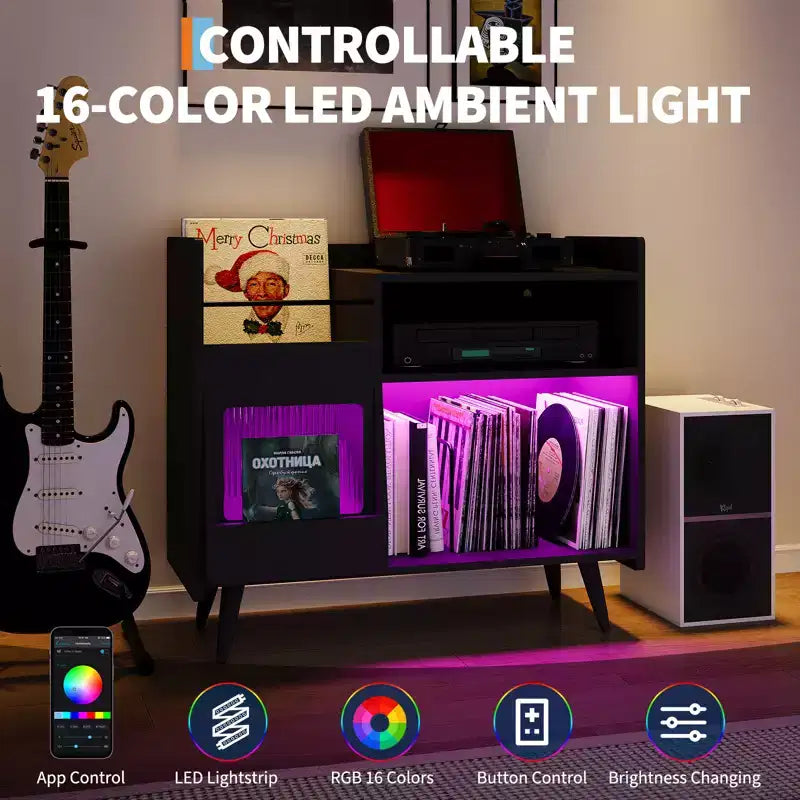 Mobile Porta Giradischi Grande, Mobile Contenitore per Vinili per Oltre 350 Album, LED RGB, Prese di Corrente Integrate