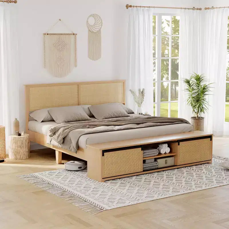 Natural Rattan Full Size Bed Frame with Sliding Barn Door Storage Cabinets & Smart Light Headboard