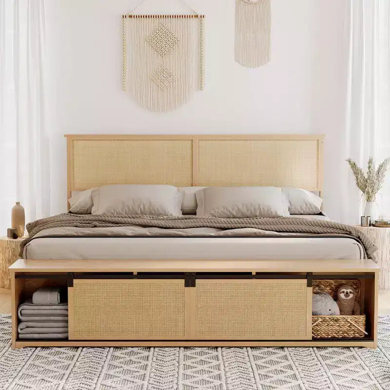 Struttura letto matrimoniale in rattan naturale con contenitore con anta scorrevole a fienile e testiera con luce intelligente