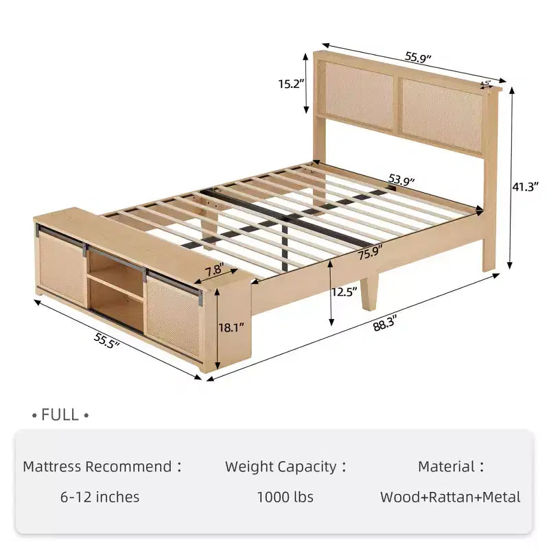 Struttura letto matrimoniale in rattan naturale con contenitore con anta scorrevole a fienile e testiera con luce intelligente