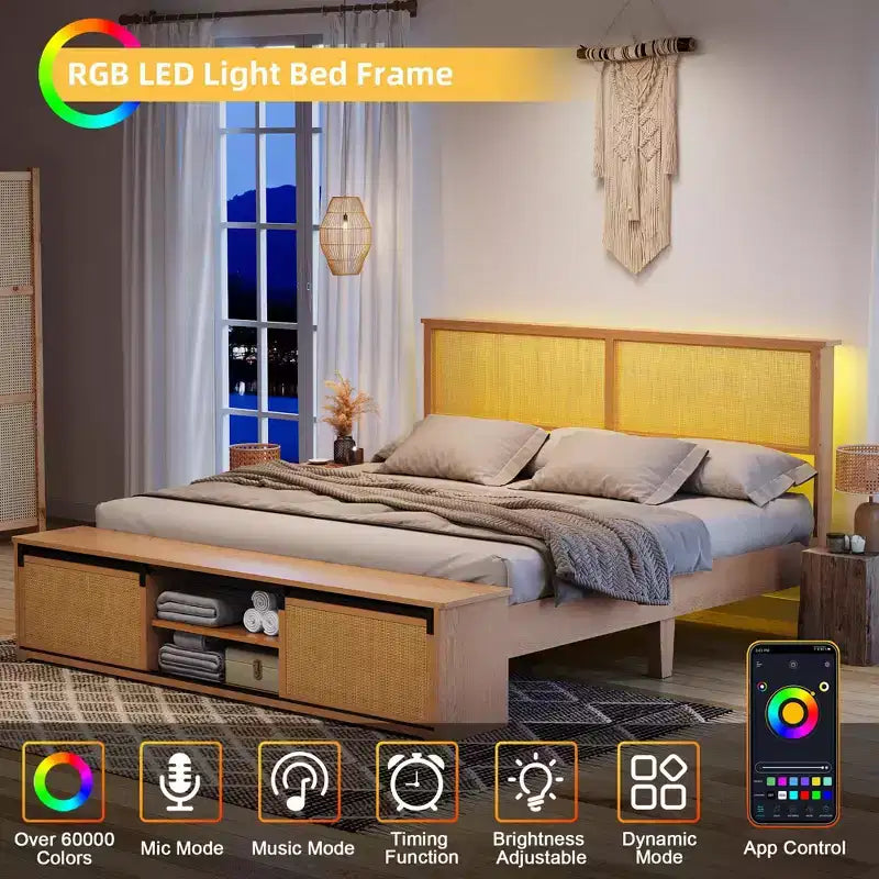 Struttura letto matrimoniale in rattan naturale con contenitore con anta scorrevole a fienile e testiera con luce intelligente