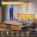 Struttura letto matrimoniale in rattan naturale con contenitore con anta scorrevole a fienile e testiera con luce intelligente