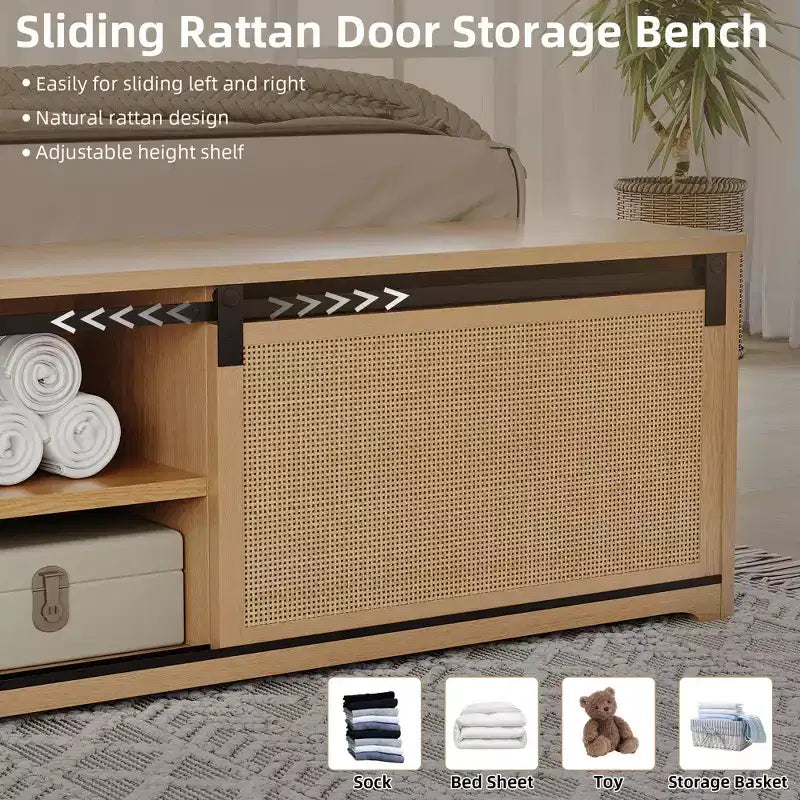 Struttura letto matrimoniale in rattan naturale con contenitore con anta scorrevole a fienile e testiera con luce intelligente