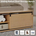 Struttura letto matrimoniale in rattan naturale con contenitore con anta scorrevole a fienile e testiera con luce intelligente