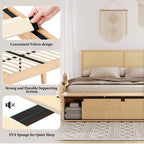 Struttura letto matrimoniale in rattan naturale con contenitore con anta scorrevole a fienile e testiera con luce intelligente