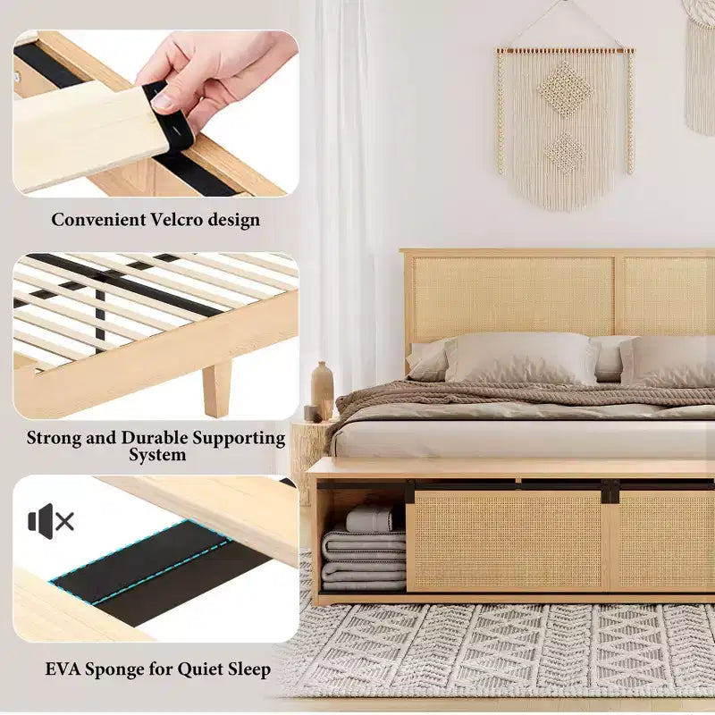Struttura letto matrimoniale in rattan naturale con contenitore con anta scorrevole a fienile e testiera con luce intelligente