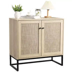 Rattan Storage Cabinet, Kitchen Sideboard, Entrance Cabinet, TV Cabinet, With Adjustable Shelves, Metal Handles for Living Room, Oak Color + Black