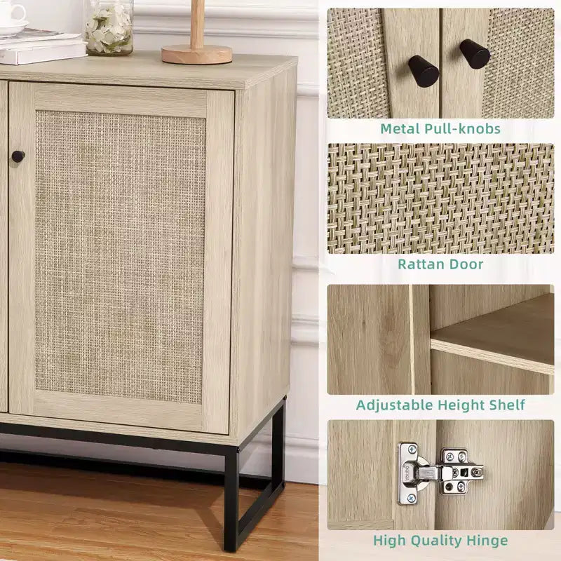 Mobile Credenza in Rattan, Madia da Cucina con Ripiani Regolabili e Maniglie in Metallo, Rovere e Nero