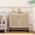 Mobile Credenza in Rattan, Madia da Cucina con Ripiani Regolabili e Maniglie in Metallo, Rovere e Nero