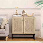 Mobile Credenza in Rattan, Madia da Cucina con Ripiani Regolabili e Maniglie in Metallo, Rovere e Nero