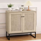 Mobile Credenza in Rattan, Madia da Cucina con Ripiani Regolabili e Maniglie in Metallo, Rovere e Nero