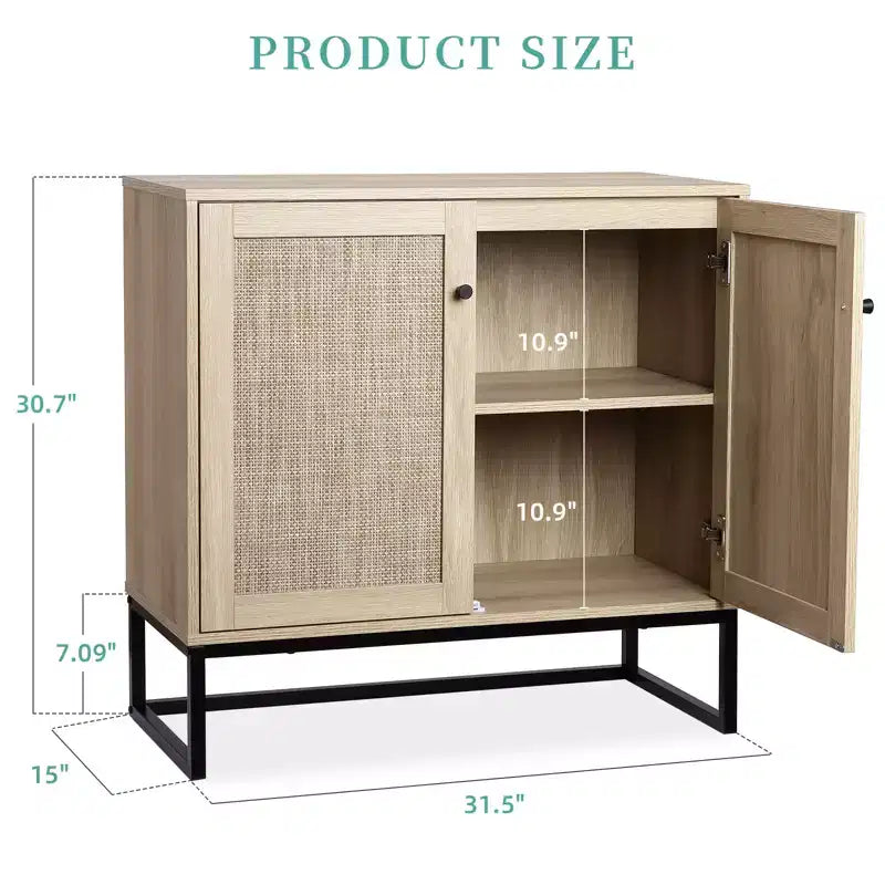 Mobile Credenza in Rattan, Madia da Cucina con Ripiani Regolabili e Maniglie in Metallo, Rovere e Nero