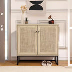 Mobile Credenza in Rattan, Madia da Cucina con Ripiani Regolabili e Maniglie in Metallo, Rovere e Nero