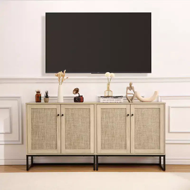 Mobile Credenza in Rattan, Madia da Cucina con Ripiani Regolabili e Maniglie in Metallo, Rovere e Nero