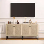 Mobile Credenza in Rattan, Madia da Cucina con Ripiani Regolabili e Maniglie in Metallo, Rovere e Nero