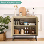 Mobile Credenza in Rattan, Madia da Cucina con Ripiani Regolabili e Maniglie in Metallo, Rovere e Nero