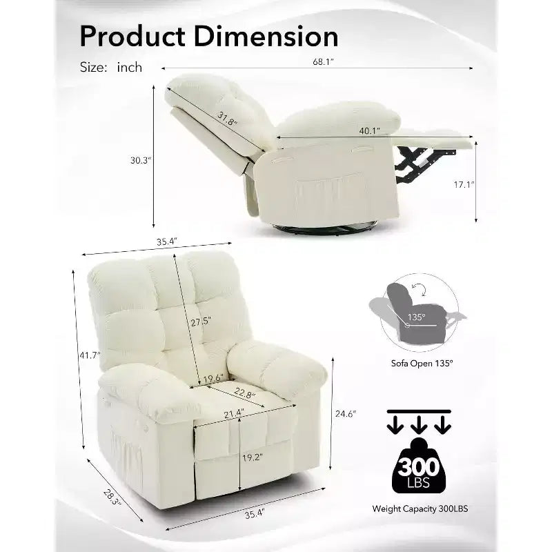 COZONY Poltrona reclinabile girevole a dondolo per adulti, sedia a dondolo imbottita in ciniglia, inclinazione manuale, poggiapiedi, girevole a 360°, soggiorno/cameretta