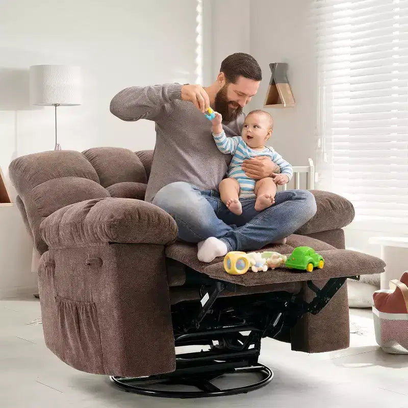 COZONY Poltrona reclinabile girevole a dondolo per adulti, sedia a dondolo imbottita in ciniglia, inclinazione manuale, poggiapiedi, girevole a 360°, soggiorno/cameretta
