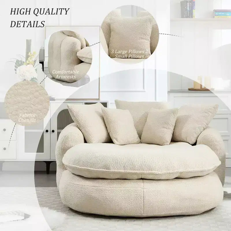Divano a sacco ovale moderno e oversize in ciniglia Okak per soggiorno, camera da letto, poltrona relax con comodo schienale e cuscini