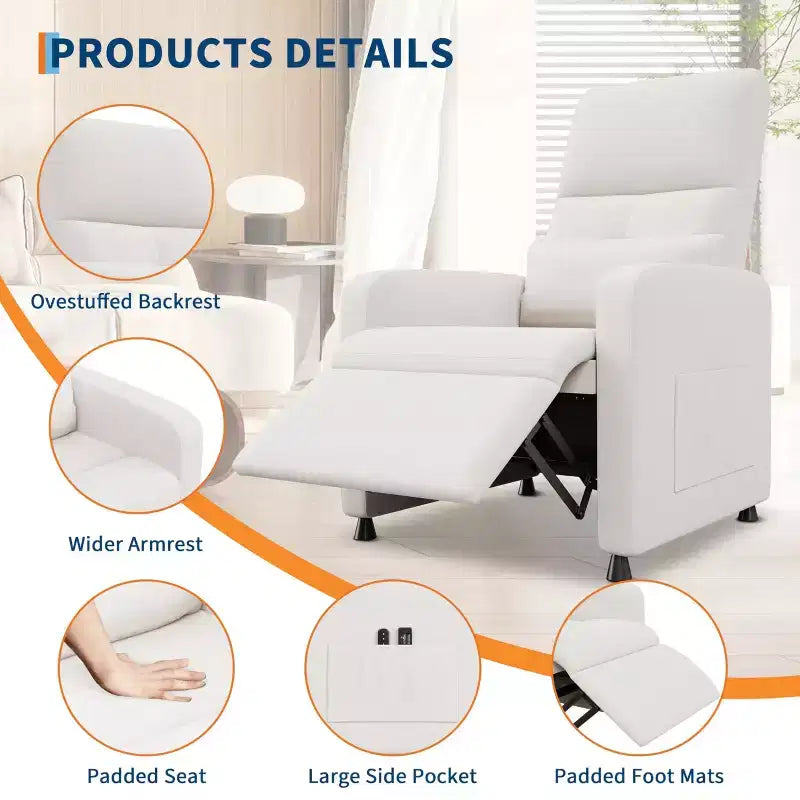 Poltrona Reclinabile - Divano Reclinabile Regolabile, Design Ergonomico Imbottito, Schienale Alto, 2 Tasche Laterali, per Soggiorno
