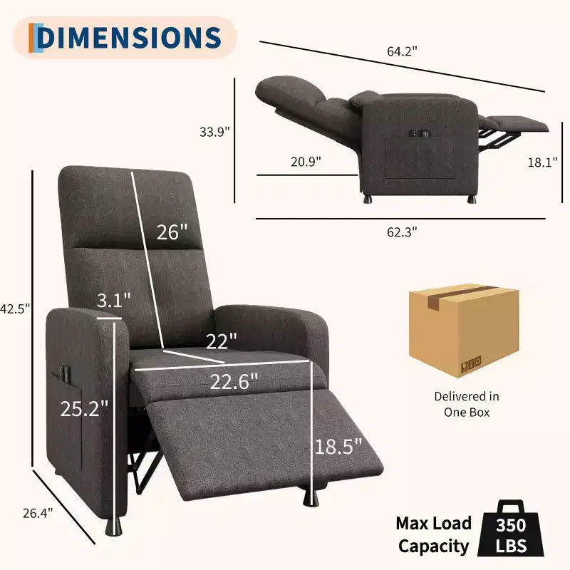 Poltrona Reclinabile - Divano Reclinabile Regolabile, Design Ergonomico Imbottito, Schienale Alto, 2 Tasche Laterali, per Soggiorno